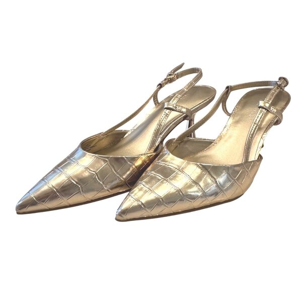 Nine West Rillas Croc Print Size 8M Kitten Pump Gold Adjustable Ankle Strap NWOB - Picture 3 of 12